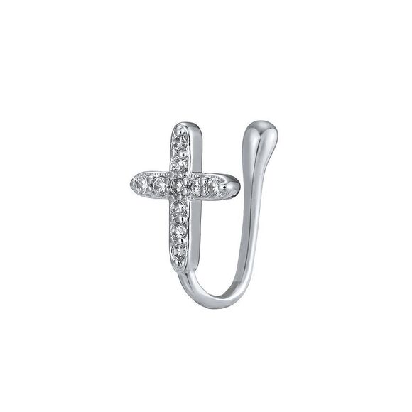 WHITE GOLD DIAMOND CROSS NOSE RING CUFF - Picture 1 of 2